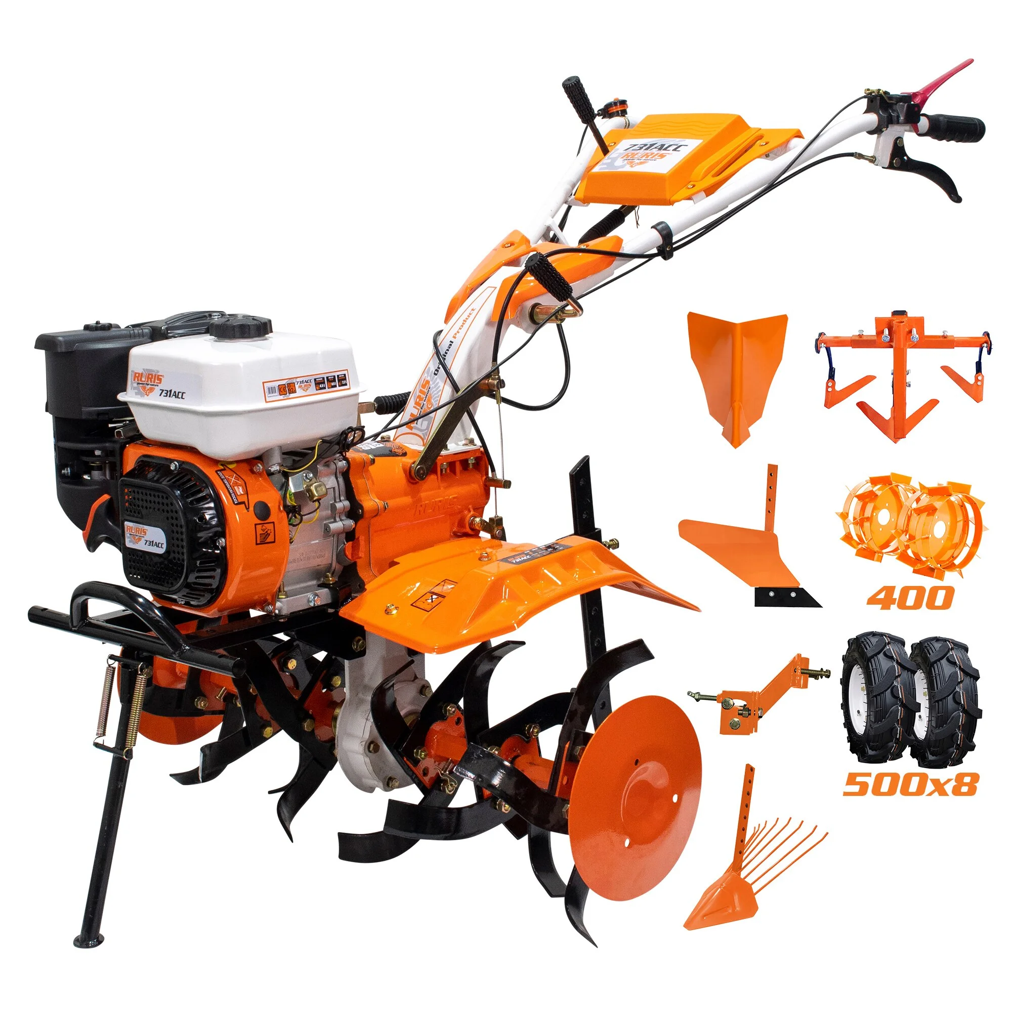 Motocultor pe benzină Ruris 731acc1 cu freze și roți, referință pe sol greu