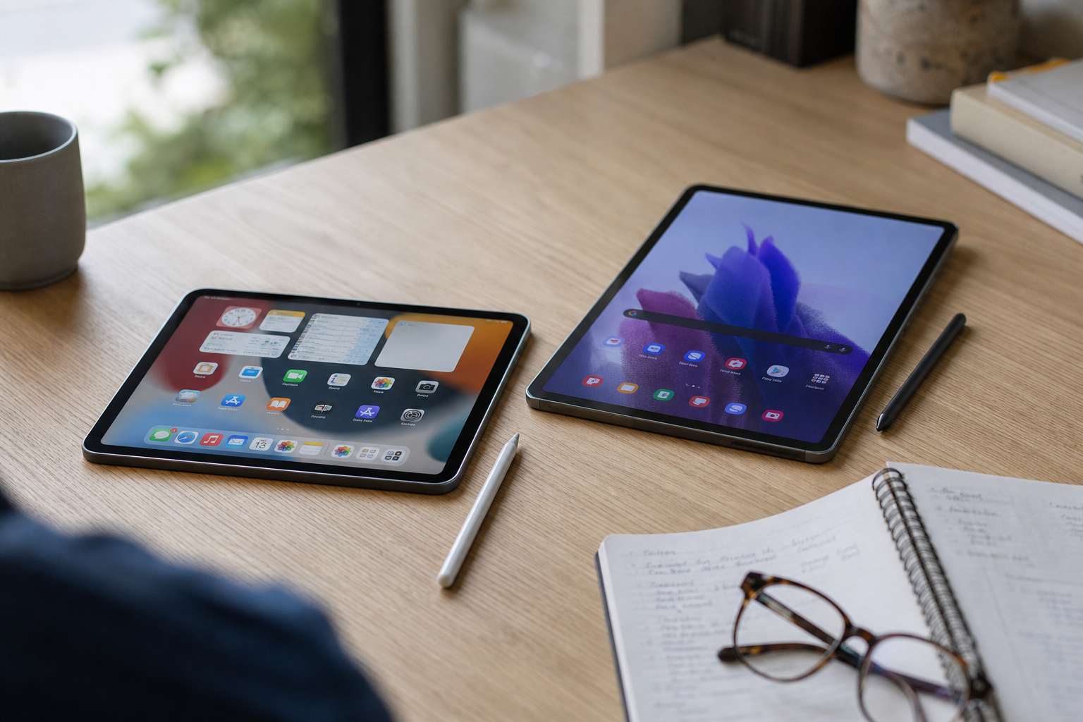 Tabletă și stylus pe birou de cercetare, iPad și Android side by side, ghid Documentat