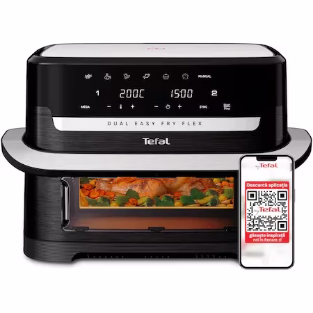 Friteuza dubla cu aer cald Tefal Dual Easy Fry Flex EY9228E0, 2700W, capacitate 9L, 7 programe