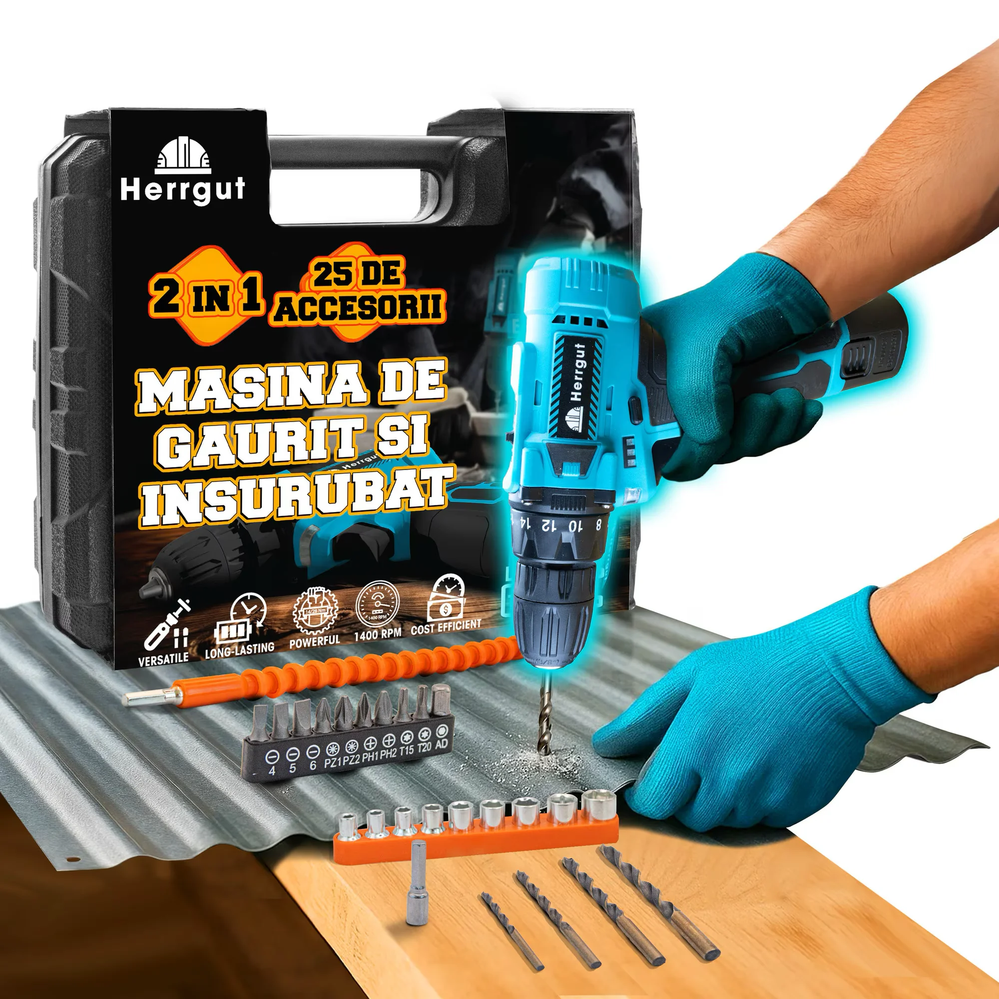 Bormasina cu acumulator Herrgut Universal Autofiletanta 1500mAh Li-Ion, Masina de Gaurit & Insurubat cu 2 Trepte…